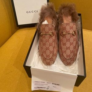 Gucci Rust Canvas GG Malaga Mules with faux fur